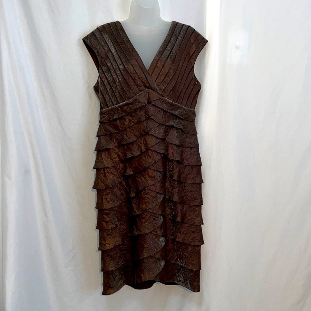 Adrianna Papell Womens Brown Metallic Elegant Tiered Ruffle Dress Size 12
